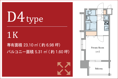 D4type,1K,専有面積 23.10㎡ (約6.98坪）バルコニー面積 5.31㎡ (約1.60坪）